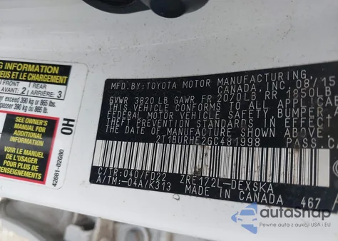 2016 Toyota Corolla S Plus from USA, damaged, VIN 2T1BURHE2GC481998